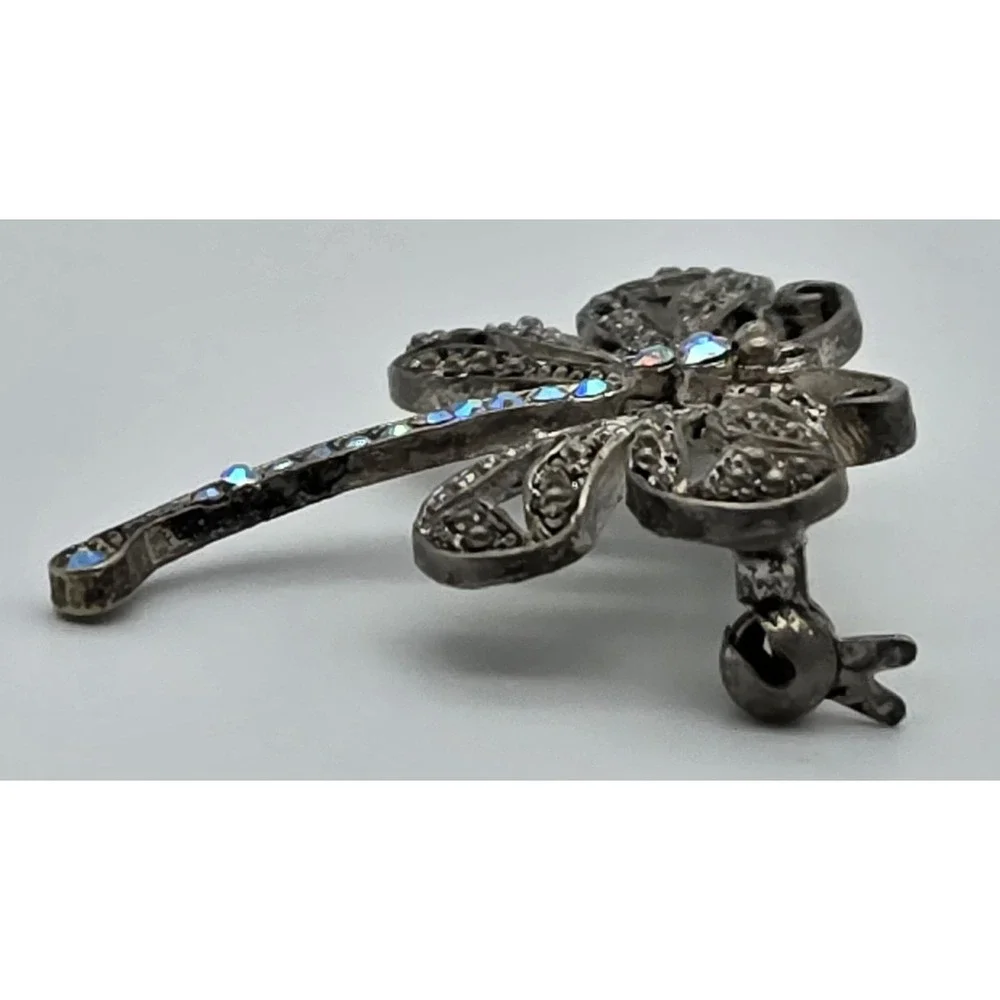 Vintage Dragonfly Brooch Silver Tone‎ Marcasite Style AB Rhinestone Insect Pin